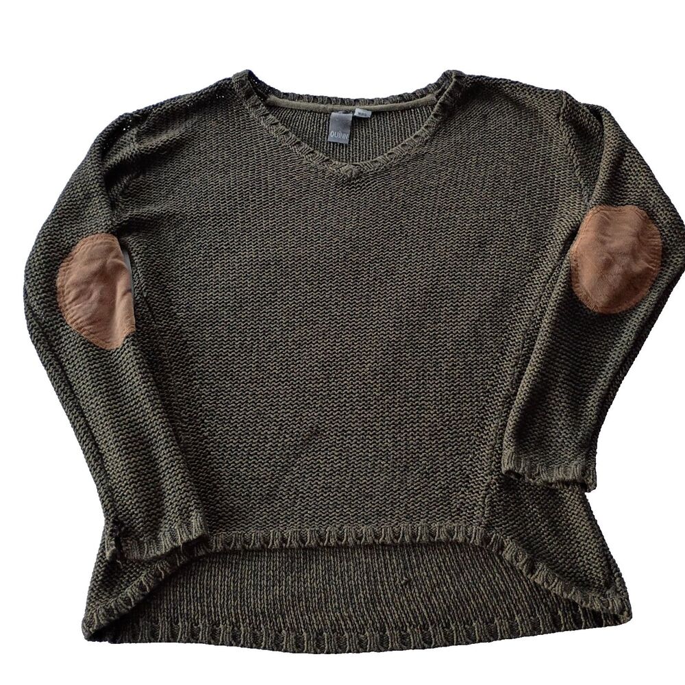 QUINN Open Knit Elbow Patch Sweater M Dark Green V Neck Hi Low Cotton Academia